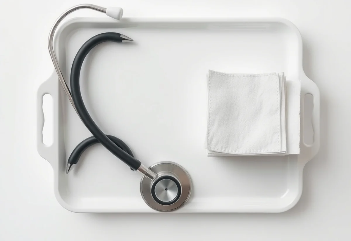 A typical appointment takes about ten minutes A stethoscope and folded gauze pads on a clinical tray, representing a standard cosmetic injecting appointment