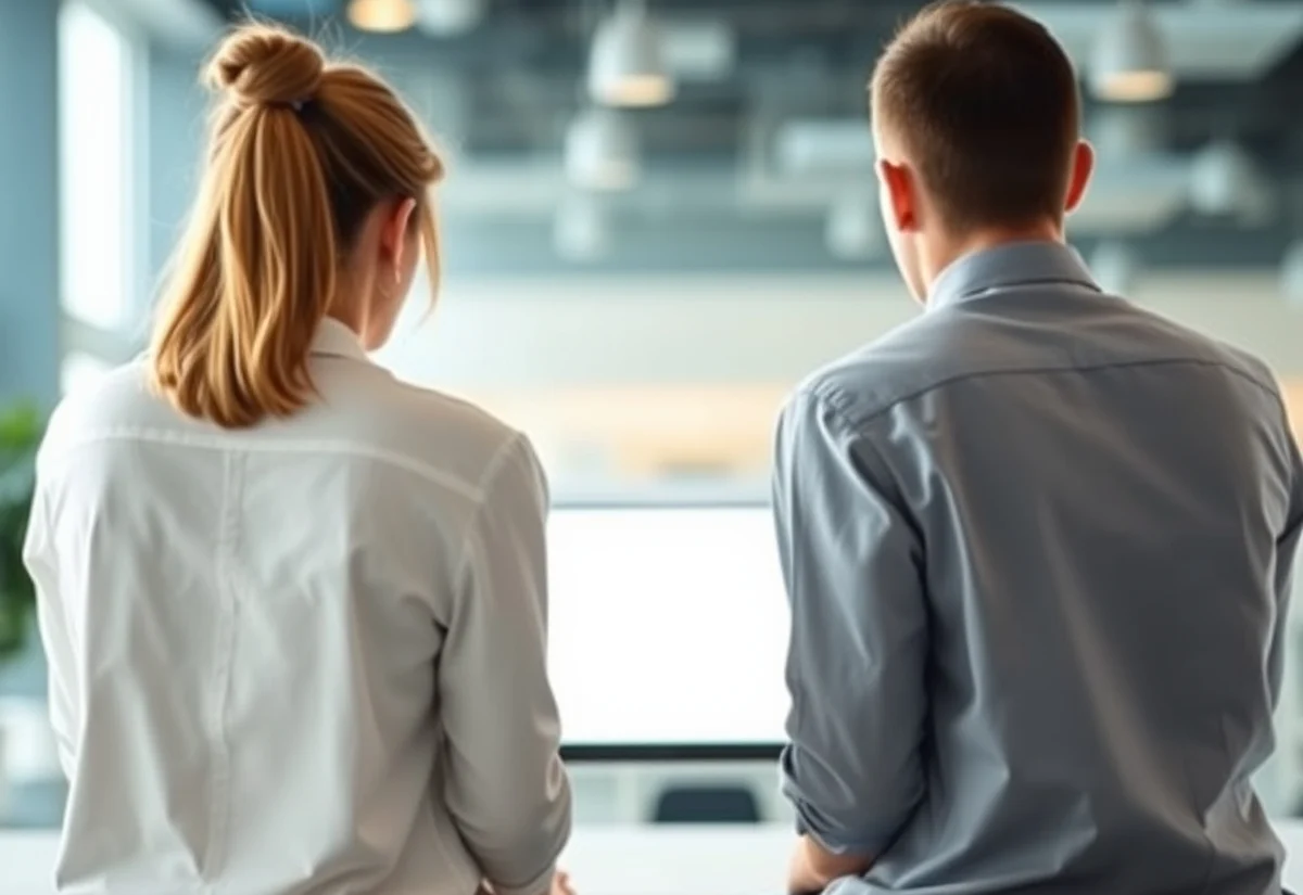 Accounting graduates working toward permanent residency Two colleagues looking at a laptop screen together in an office