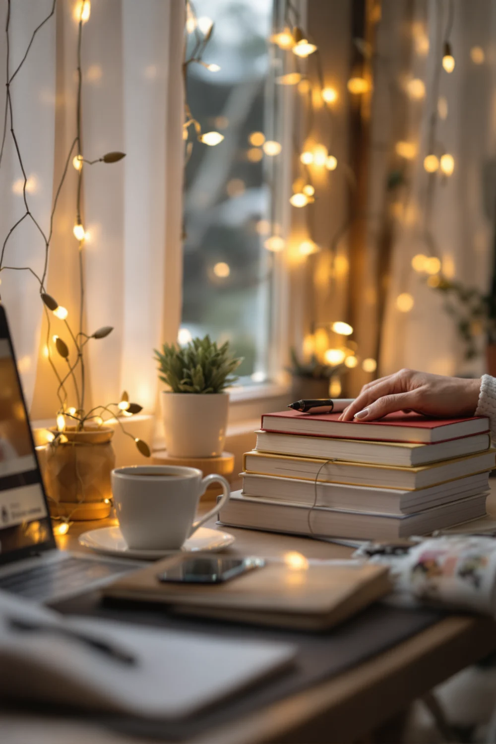 Cosy aesthetic study space with warm lighting and notebooks