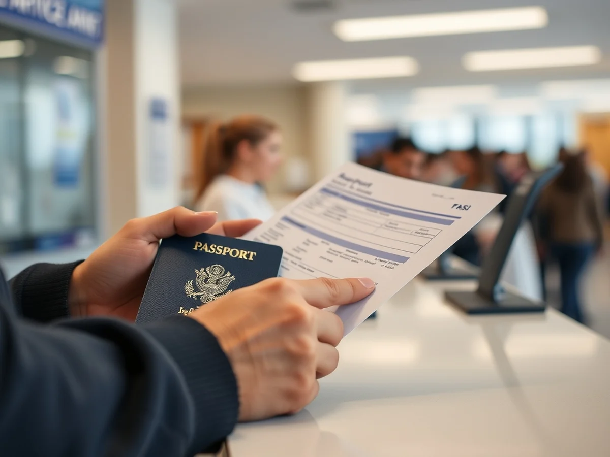 Close-up of hands holding a passport and application form at a driver licensing service centre counter