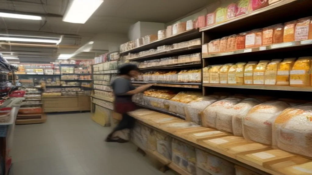 Well-stocked Asian grocery store shelves in Northbridge Perth displaying rice, sauces, noodles, and spices with warm lighting and a customer shopping