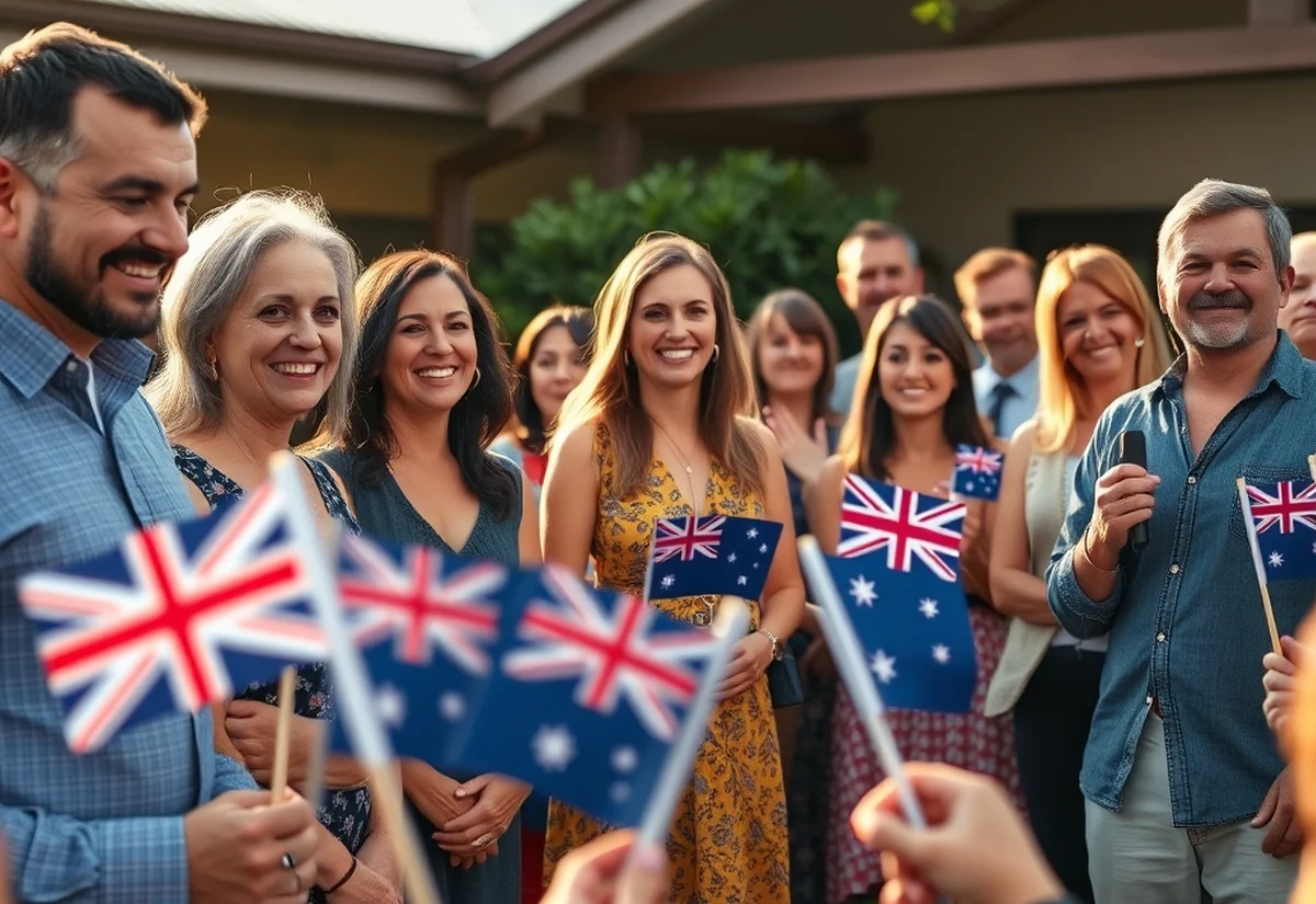 Newly sworn-in Australian citizens celebrating together at an outdoor citizenship ceremony