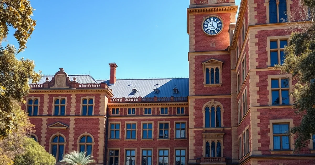 A grand sandstone Australian university building with students walking across the lawn