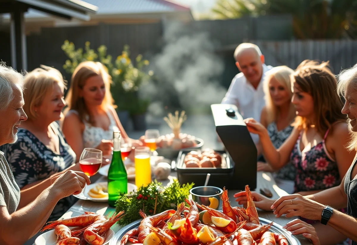 Backyard barbecue with prawns on Christmas Day in Australia Australian family barbecue with fresh seafood on Christmas Day