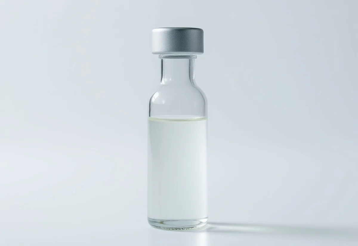 Botox is a purified, prescription-only injectable A single plain glass vial on a clean clinical surface, representing a Botox treatment vial