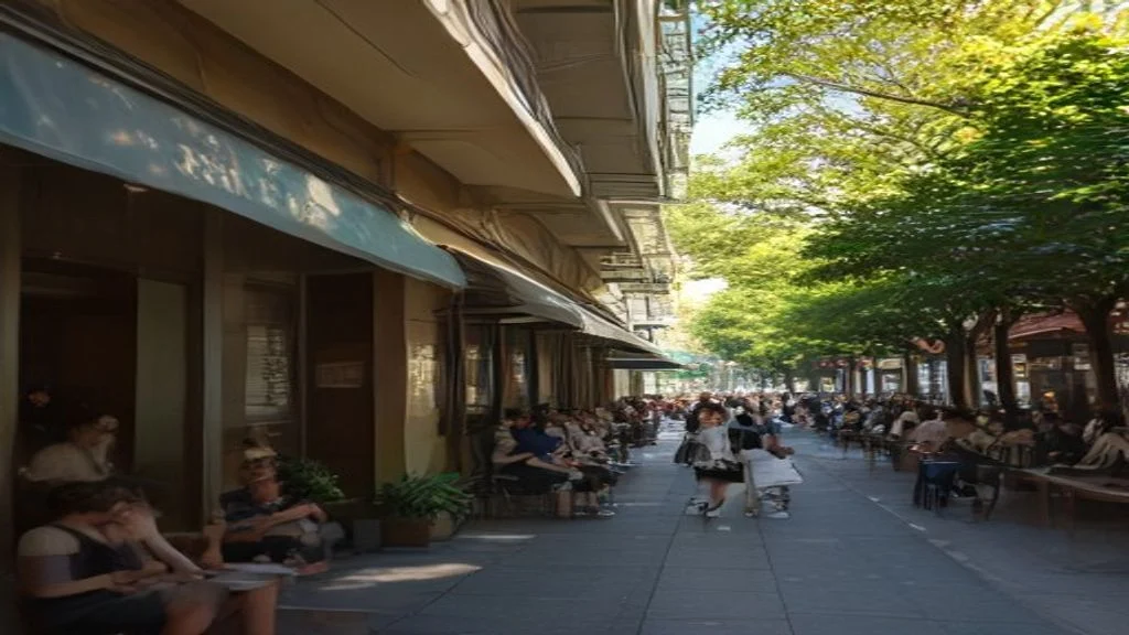 Brisbane Inner-City Cafe and Shopping Street Scene Vibrant inner-city Brisbane cafe street scene with outdoor diners, heritage Queenslander buildings, modern shopfronts, and leafy trees in warm afternoon light
