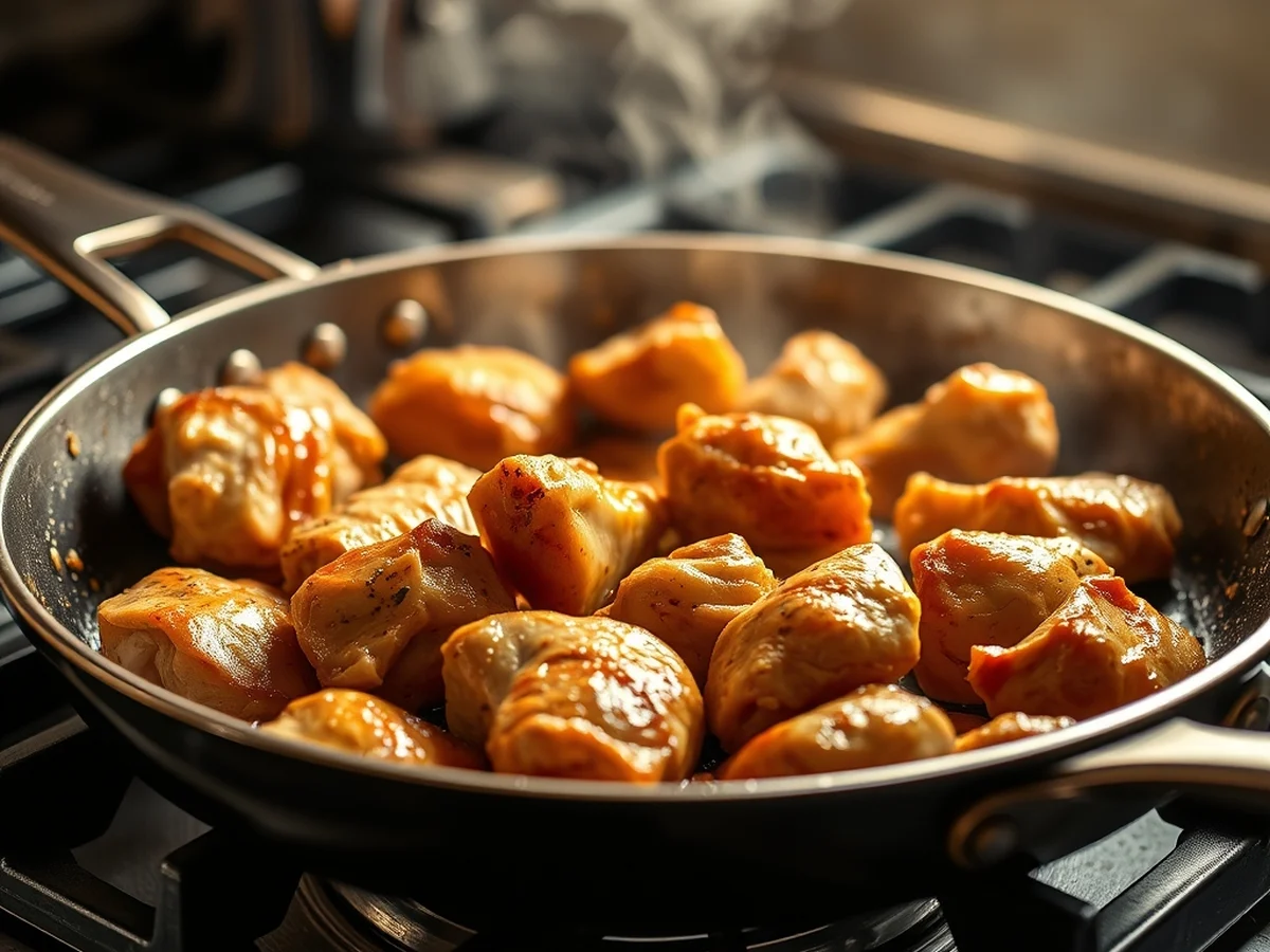 Chicken pieces browning in a large skillet on the stovetop before the rice is added