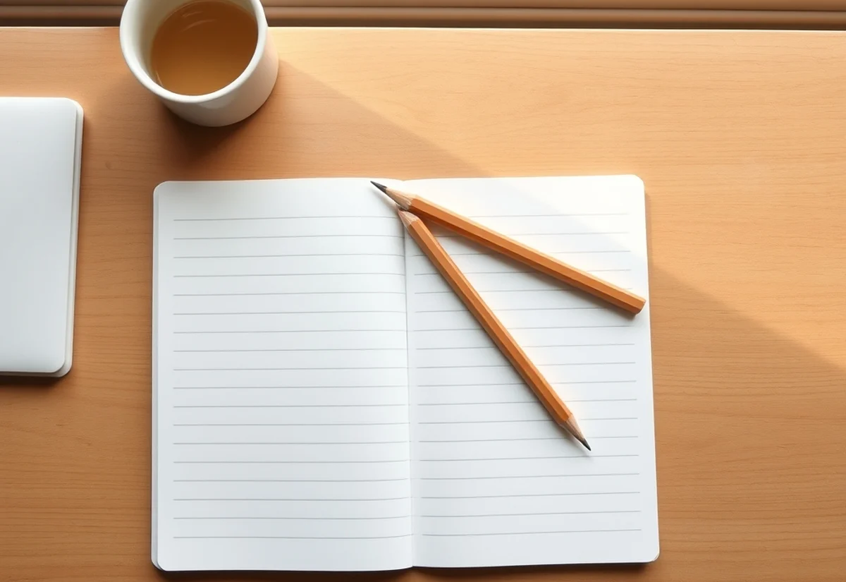 A blank notepad, plain pencil and coffee on a study desk representing a spaced review schedule