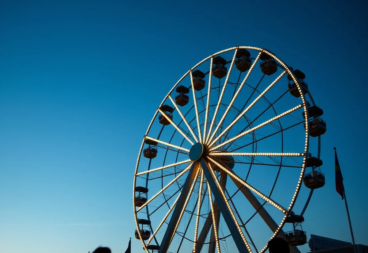A brightly lit Ferris wheel against a dusk sky at an Australian agricultural show
