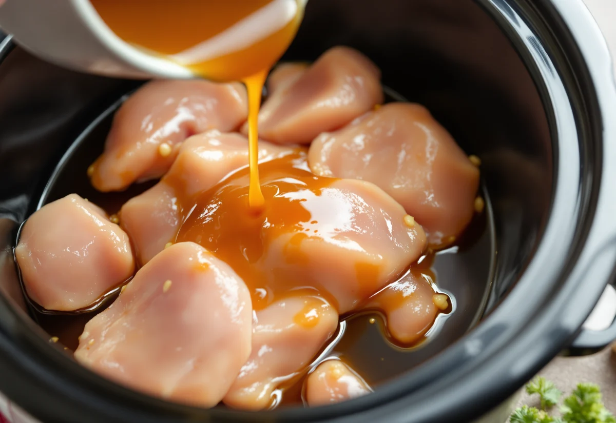 Raw chicken thighs in a slow cooker insert being covered with honey soy sauce