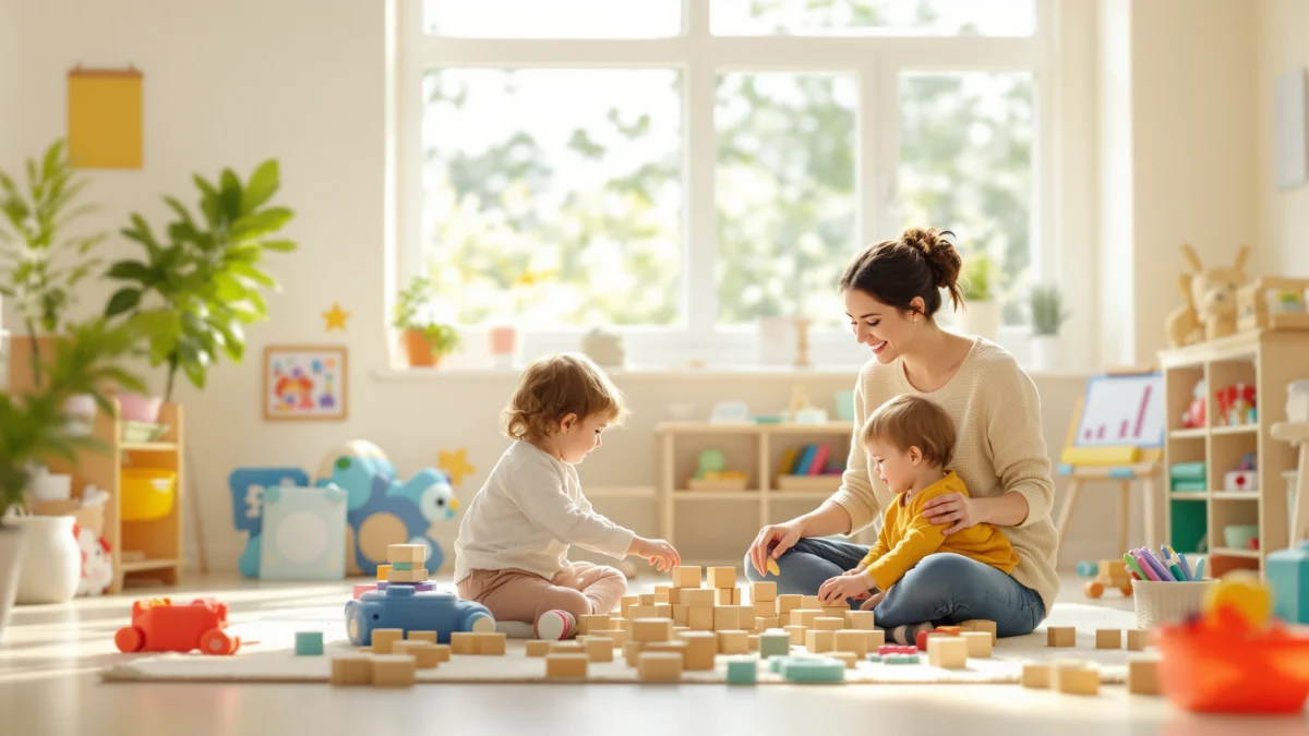 Childcare educator playing with toddlers in a bright Australian early learning centre