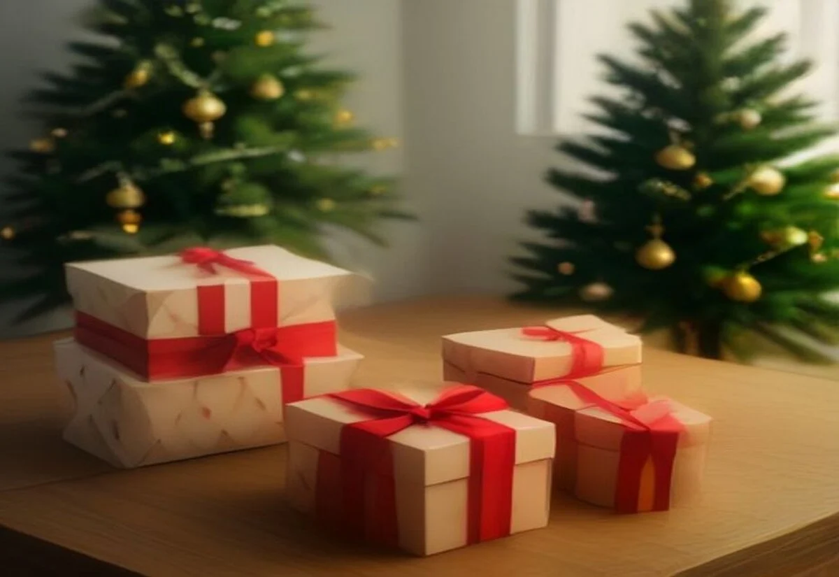 Three wrapped Christmas gift boxes of different sizes on a wooden table with pine sprigs
