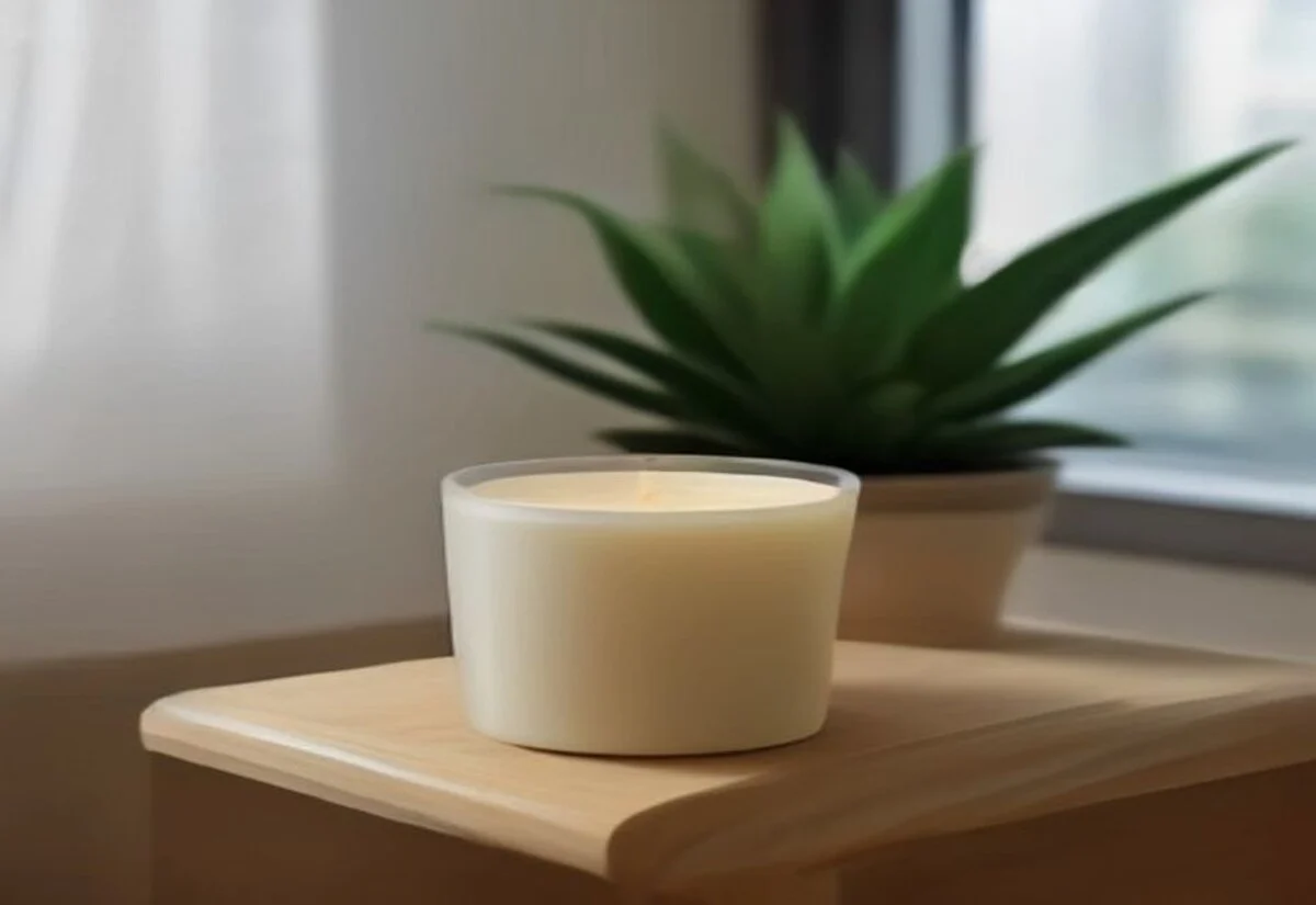 A lit candle, folded scarf and small wrapped gift on a wooden side table