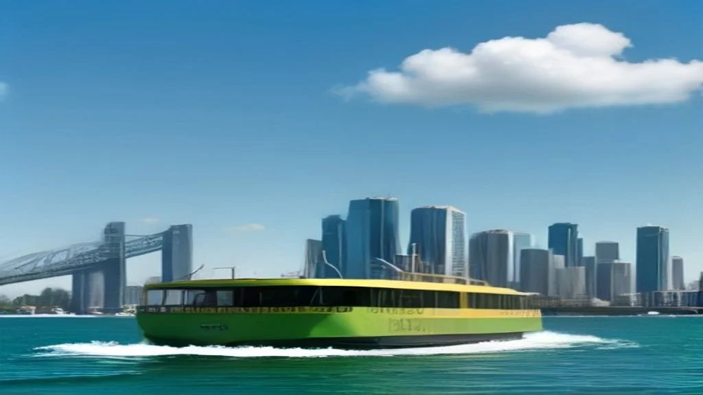Green CityCat ferry on Brisbane River with Story Bridge and CBD skyline on sunny day