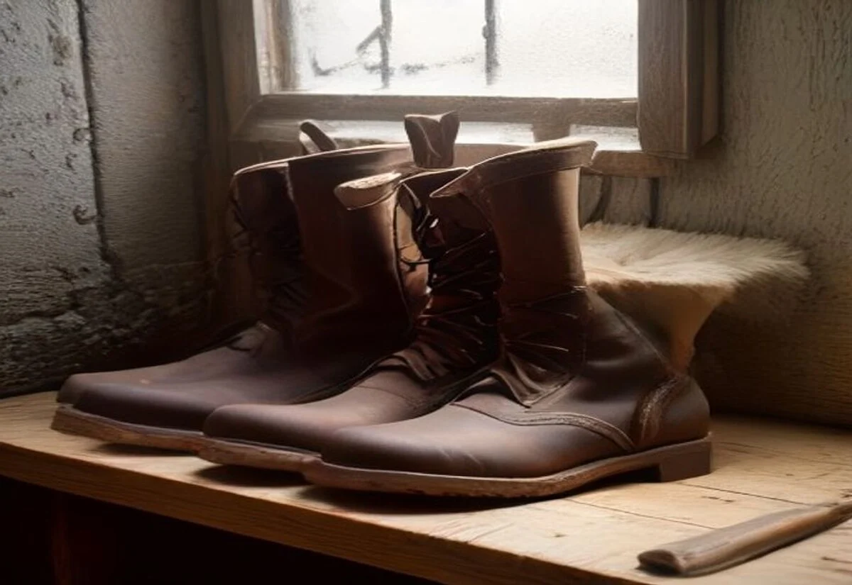 Leather boots and a canvas tool apron on a wooden bench