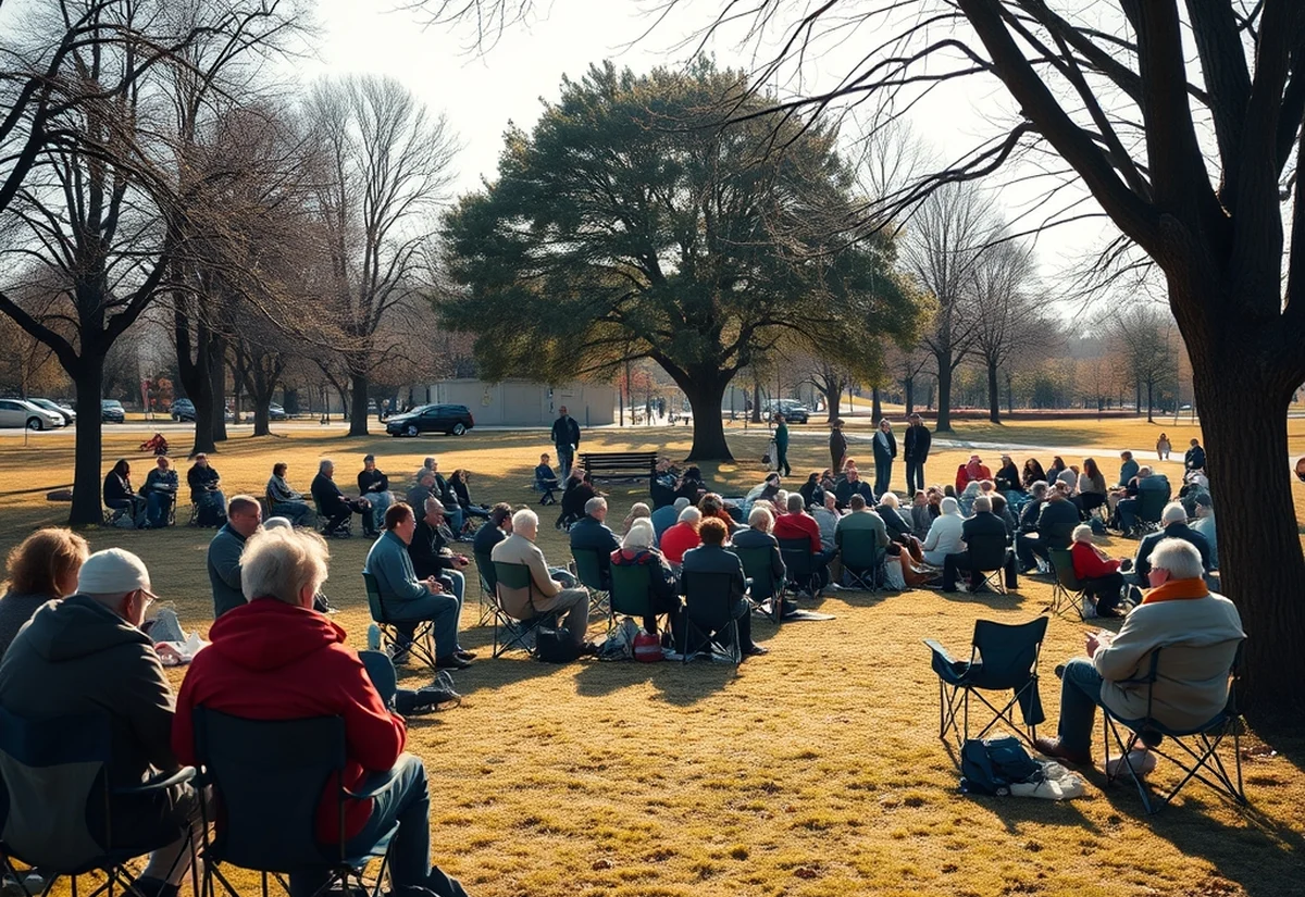 People gathered together in a park during a community event, seen from a respectful distance