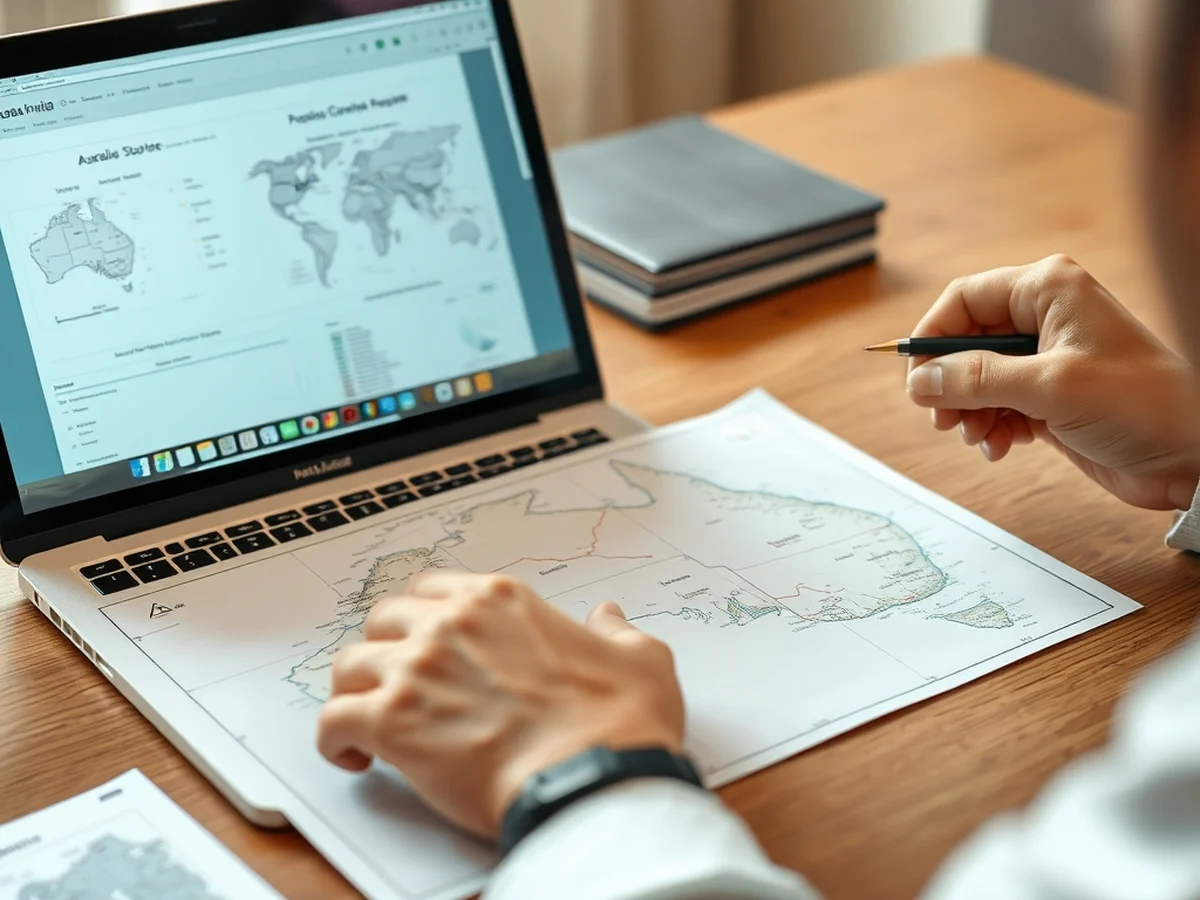 A person comparing Australian states on a paper map while researching visa options