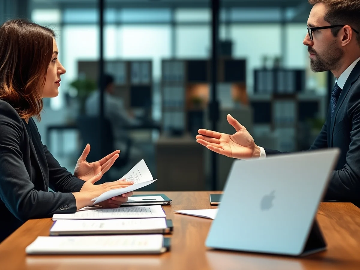 Two people in a consultation meeting discussing documents across a desk