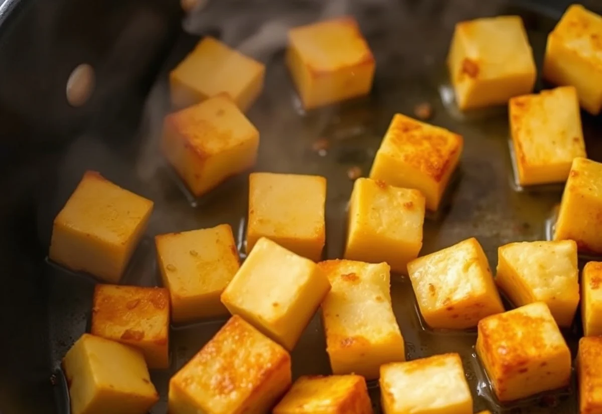 Crispy golden tofu cubes pan-frying in a skillet