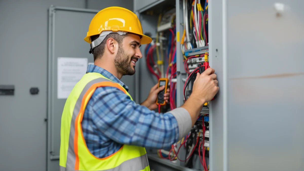 Electrician working on a switchboard on an Australian job site