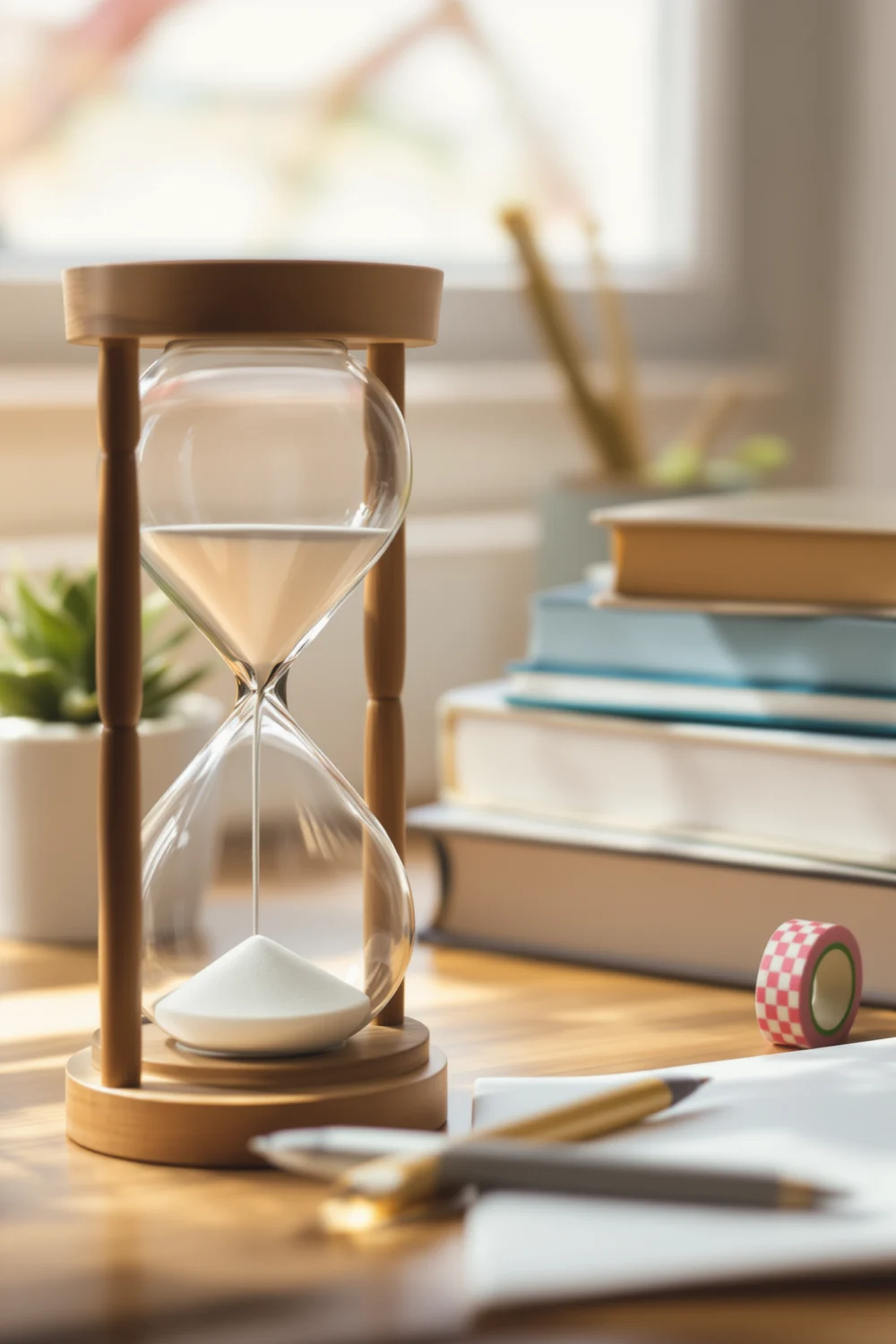 Hourglass timer and stacked textbooks representing an exam countdown