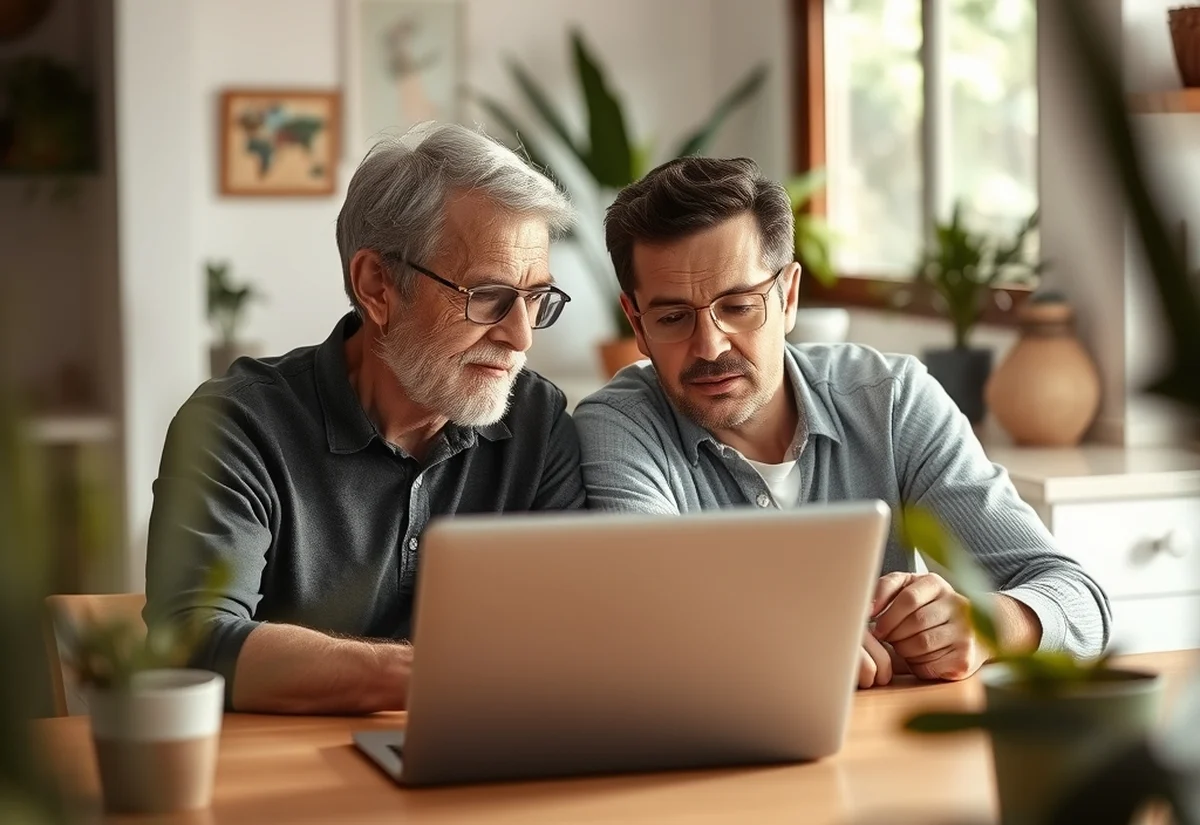 Senior parents and adult son reviewing visa options together at home in Australia