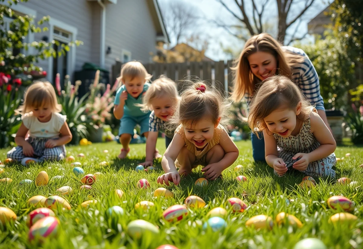 Children searching for chocolate eggs during a family Easter egg hunt in a sunny backyard