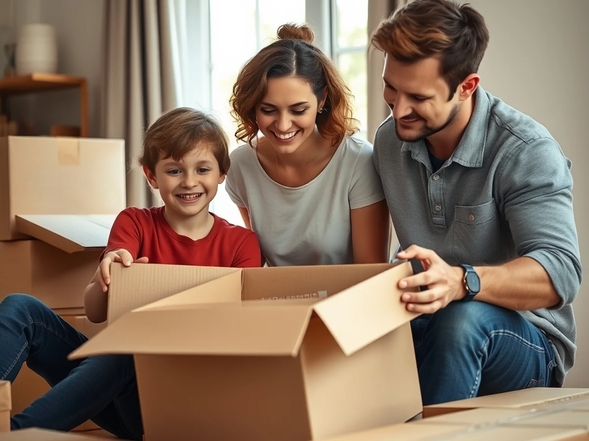 A family unpacking boxes while settling into their new home in Australia