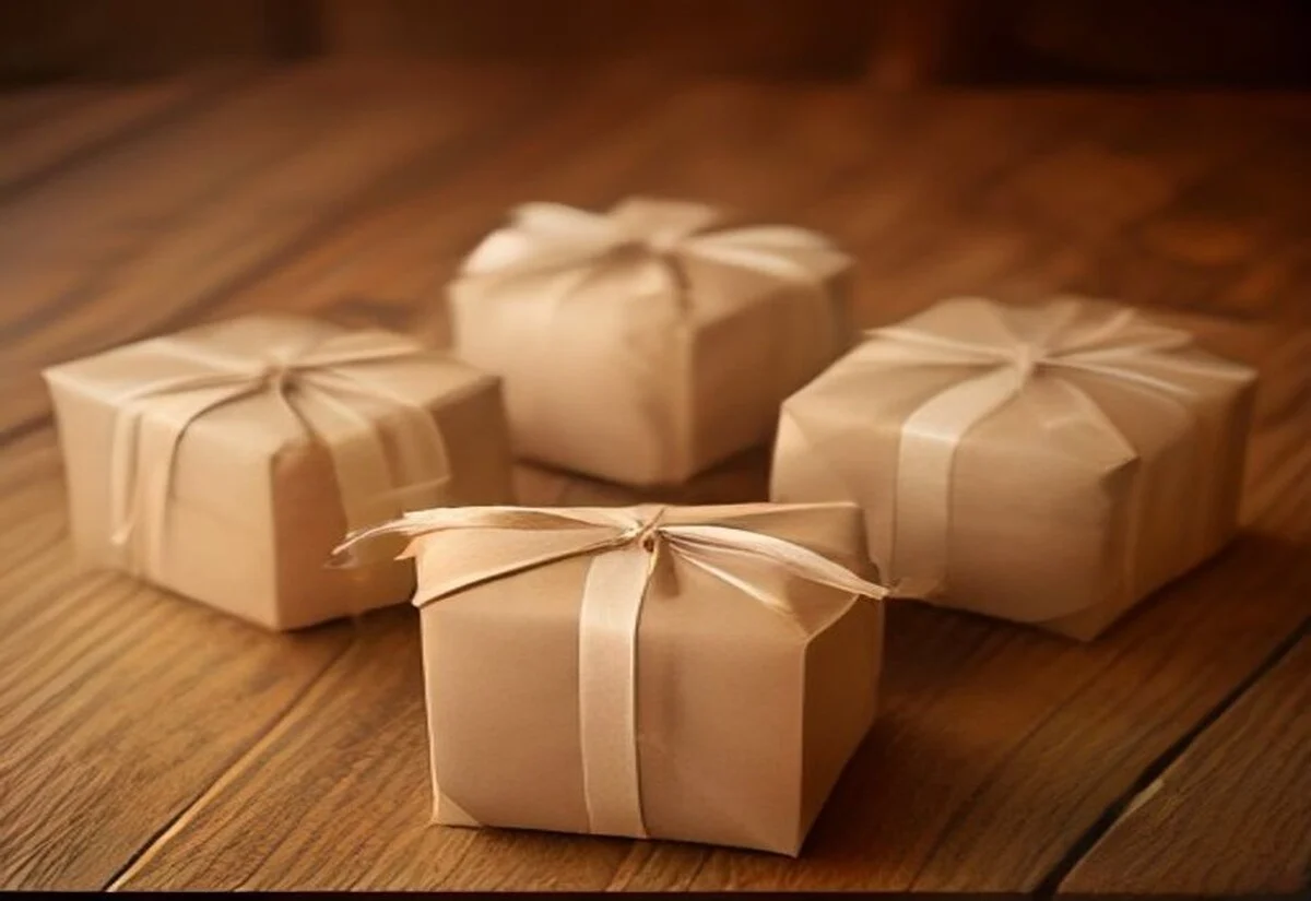 Three wrapped Father's Day gift boxes of different sizes on a wooden table