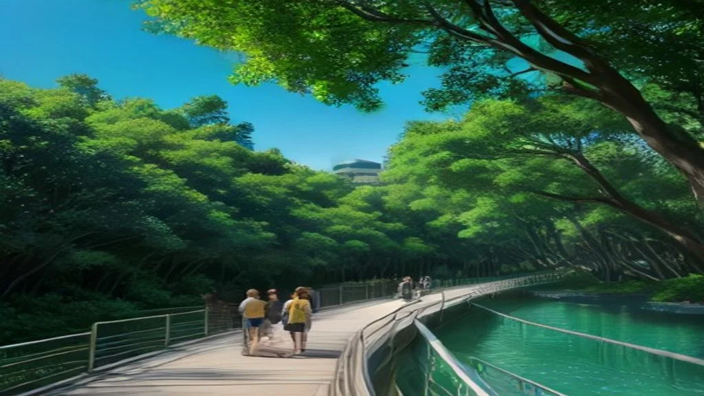 Students walking on elevated glass walkway through eucalypt trees at Kings Park Perth with Swan River and city skyline in background