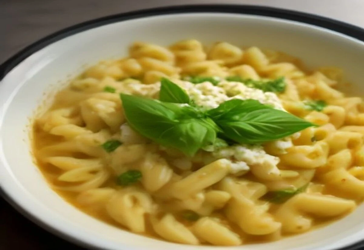 Close-up of a bowl of baked feta pasta with basil, ready to eat