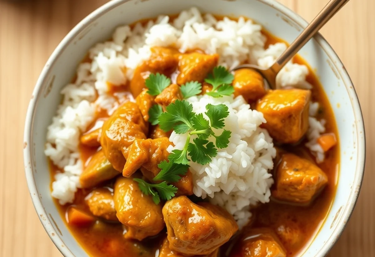 Finished Japanese curry rice Bowl of Japanese curry rice viewed from above