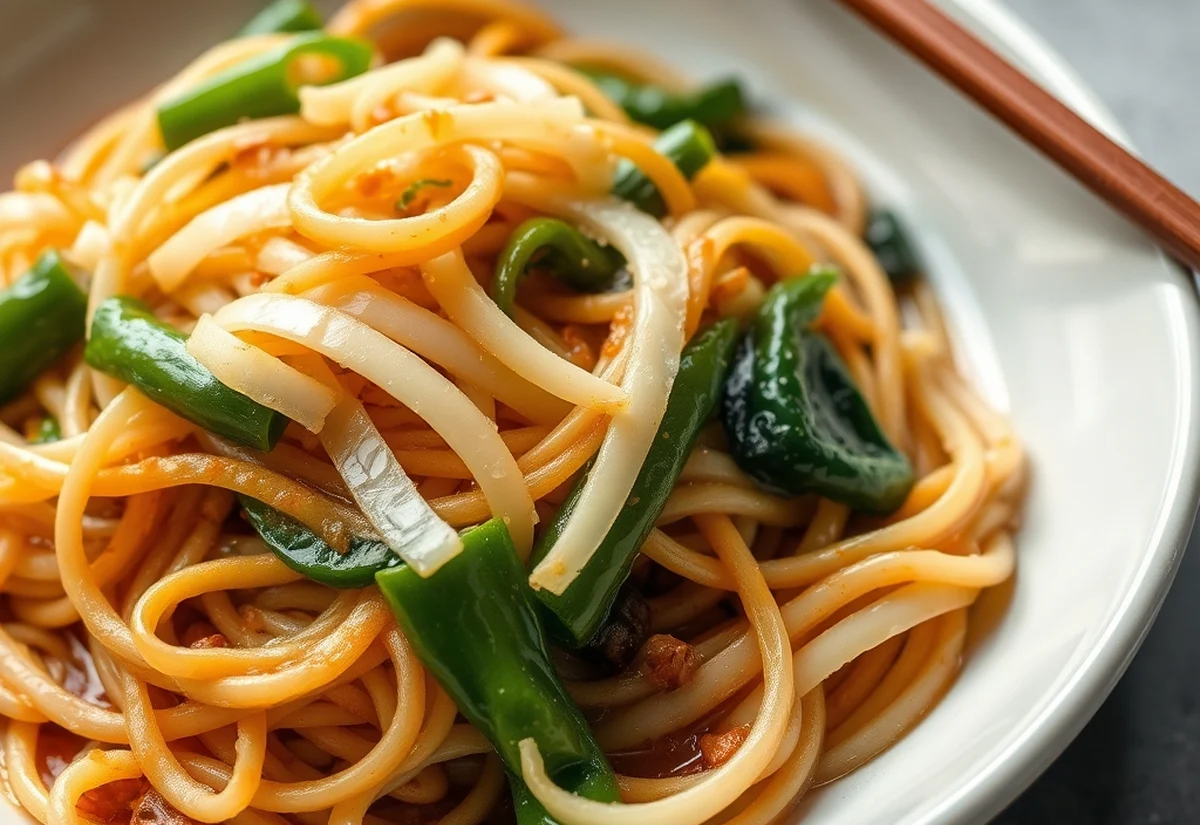 Finished pad see ew ready to eat Close-up of pad see ew noodles with egg ribbons on a plate with chopsticks