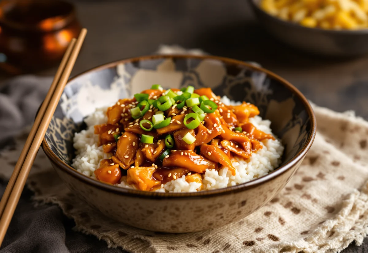 Slow cooker honey soy chicken served over rice with spring onion and sesame seeds