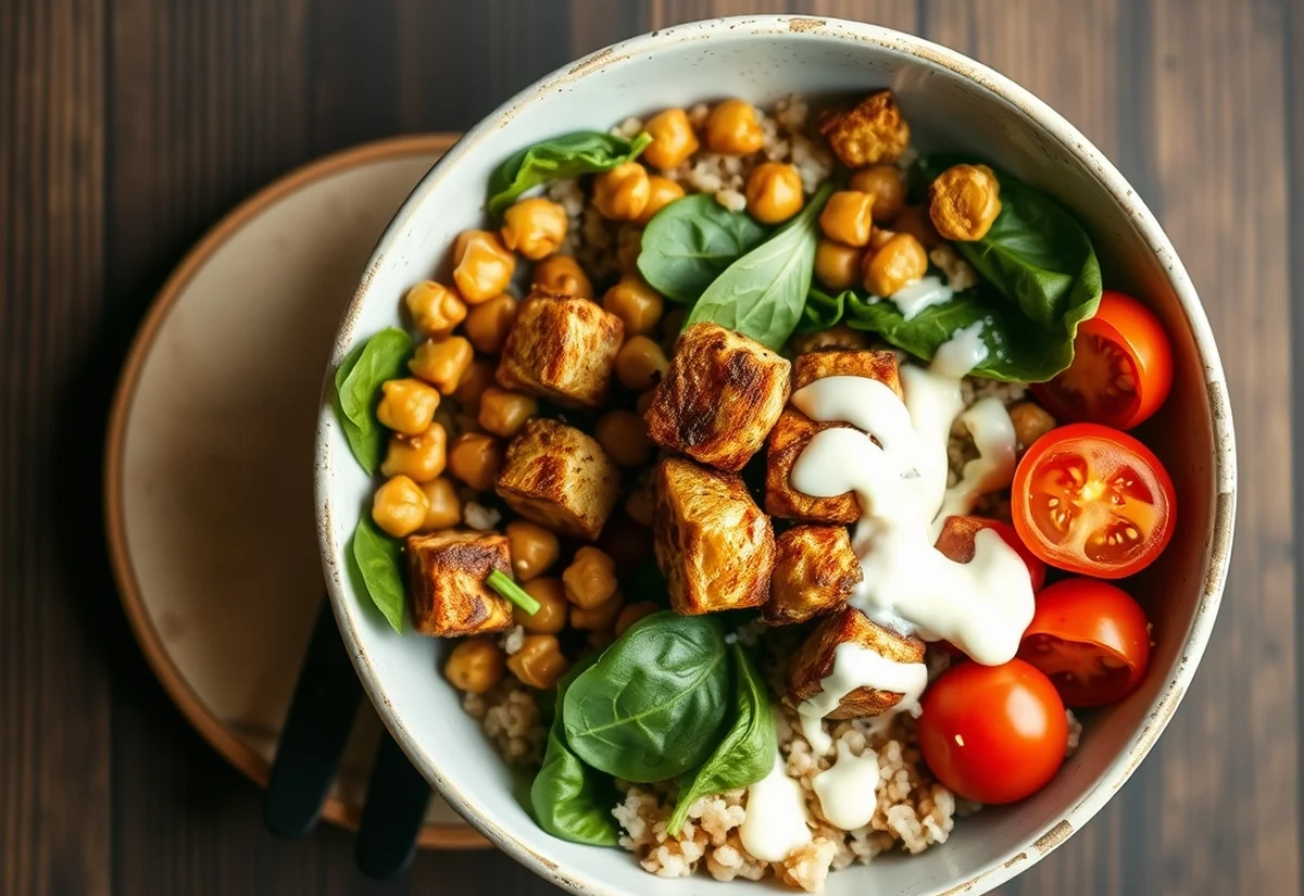 Finished high-protein vegetarian bowl viewed from above