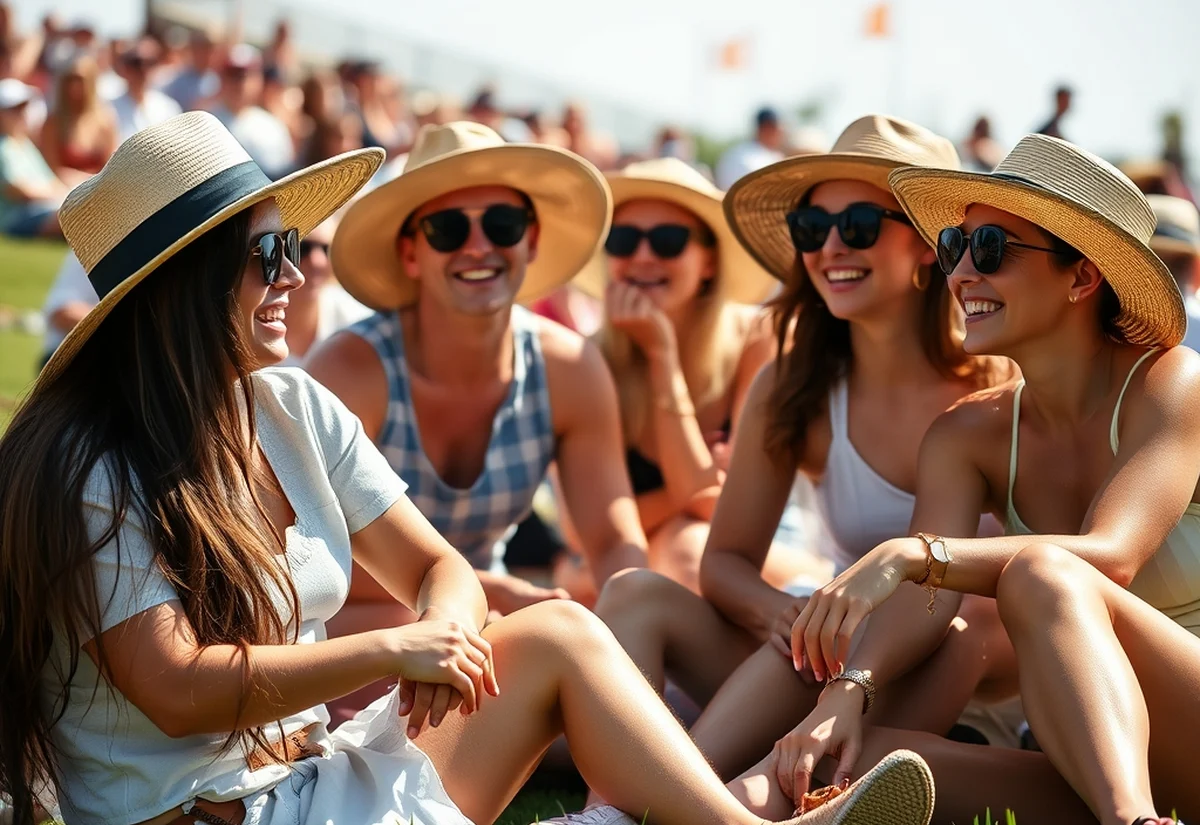 Friends relaxing outdoors on a sunny day A small group of people sitting together on green grass in the sun, wearing sunhats and casual clothing