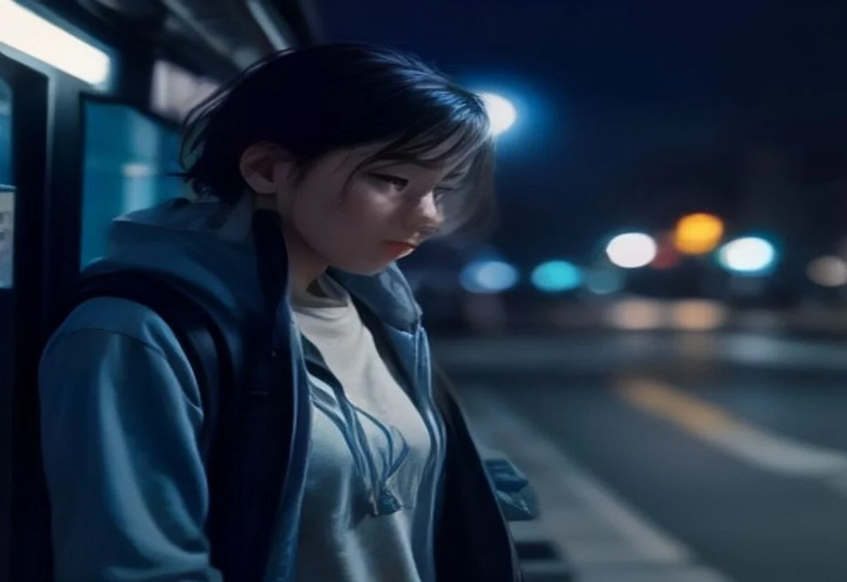 Student waiting for public transport home after a late night shift