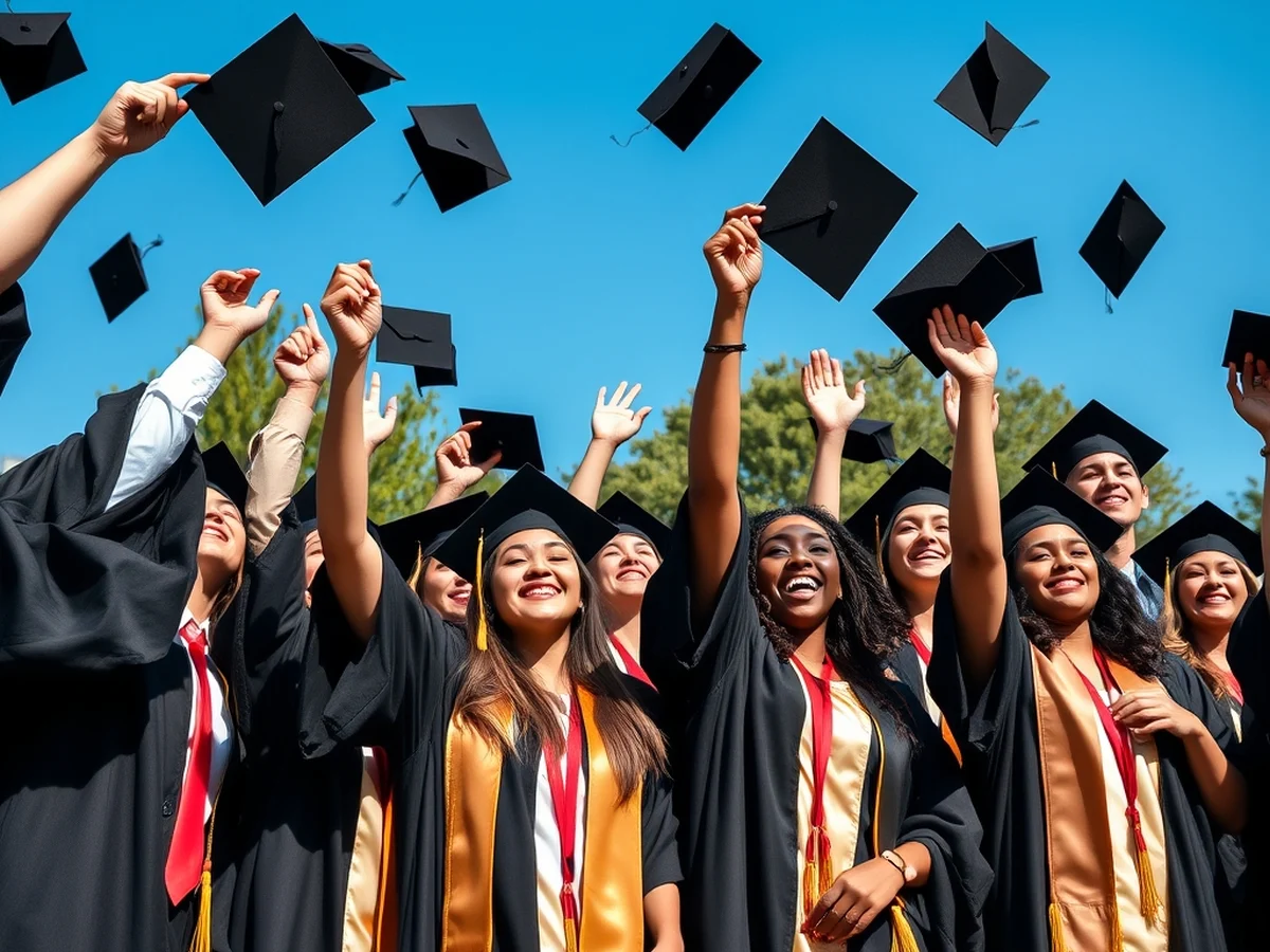 A group of graduates celebrating outdoors on an Australian university campus