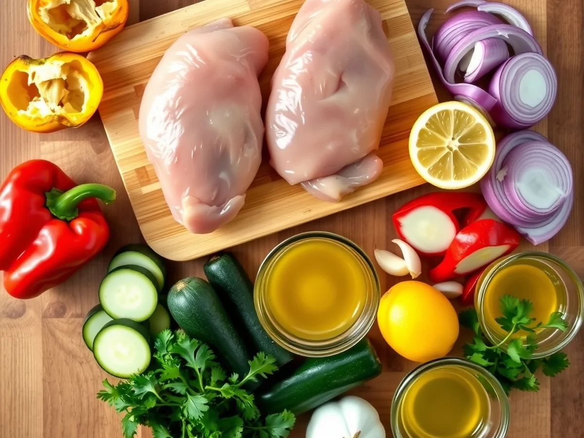 Raw ingredients for a healthy chicken and vegetable tray bake for two laid out on a kitchen bench