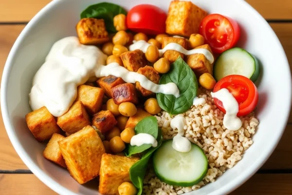 High-Protein Vegetarian Bowl: Crispy Tofu, Chickpeas and Quinoa