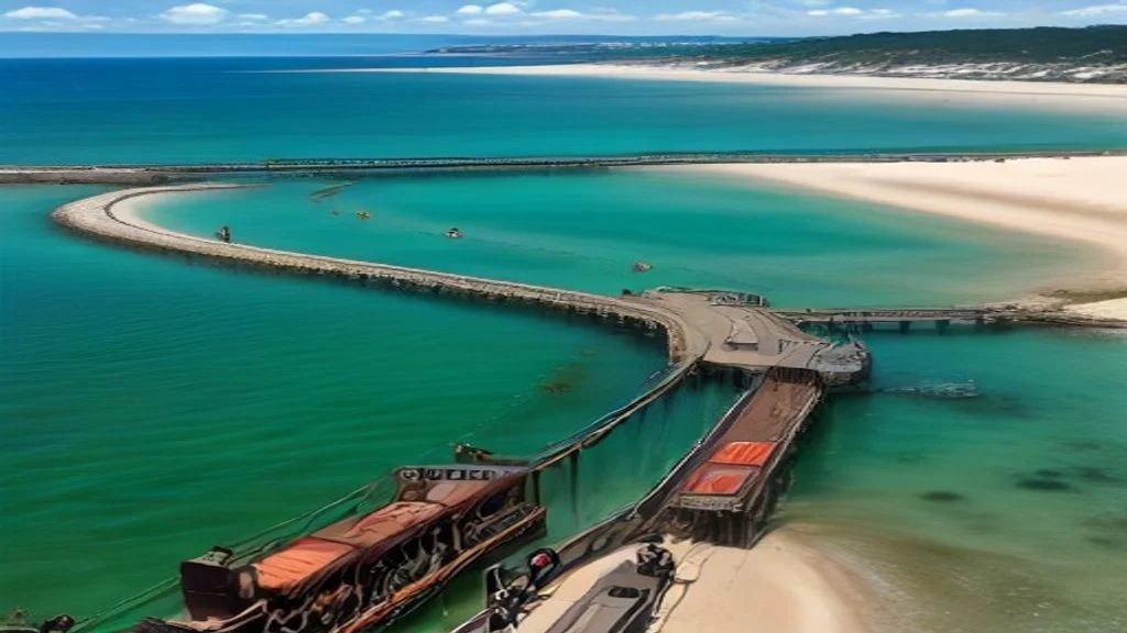 Historic Horse-Drawn Tram at Granite Island Causeway Historic horse-drawn tram crossing wooden causeway to Granite Island in Victor Harbor, South Australia, with turquoise coastal waters and tourists on board
