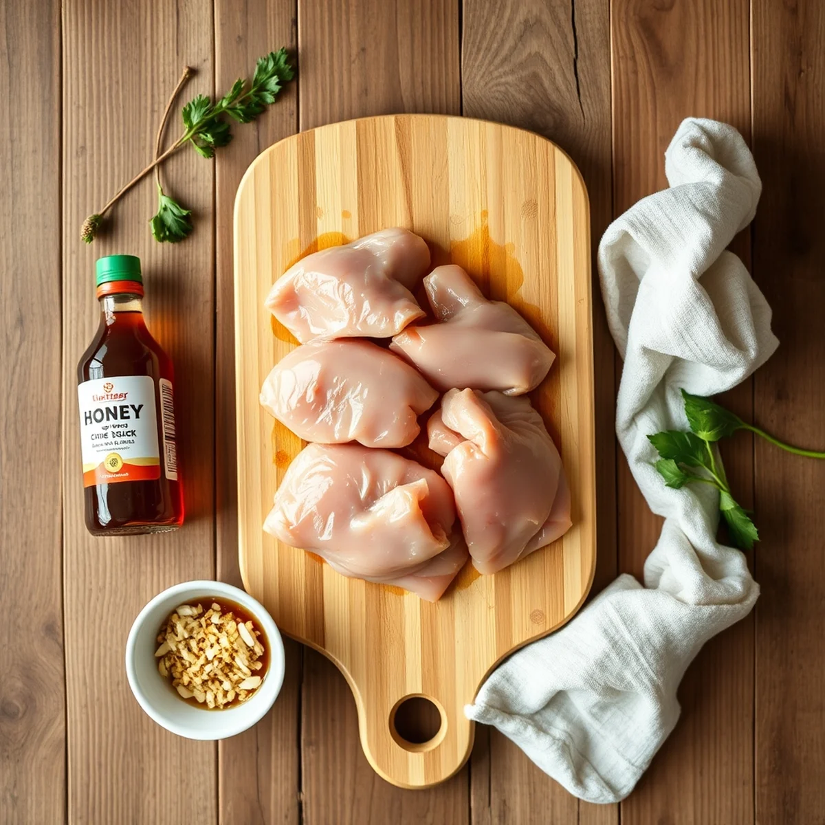 Honey garlic chicken thighs ingredients Chicken thighs, garlic, honey, soy sauce and other ingredients for honey garlic chicken thighs laid out on a kitchen bench