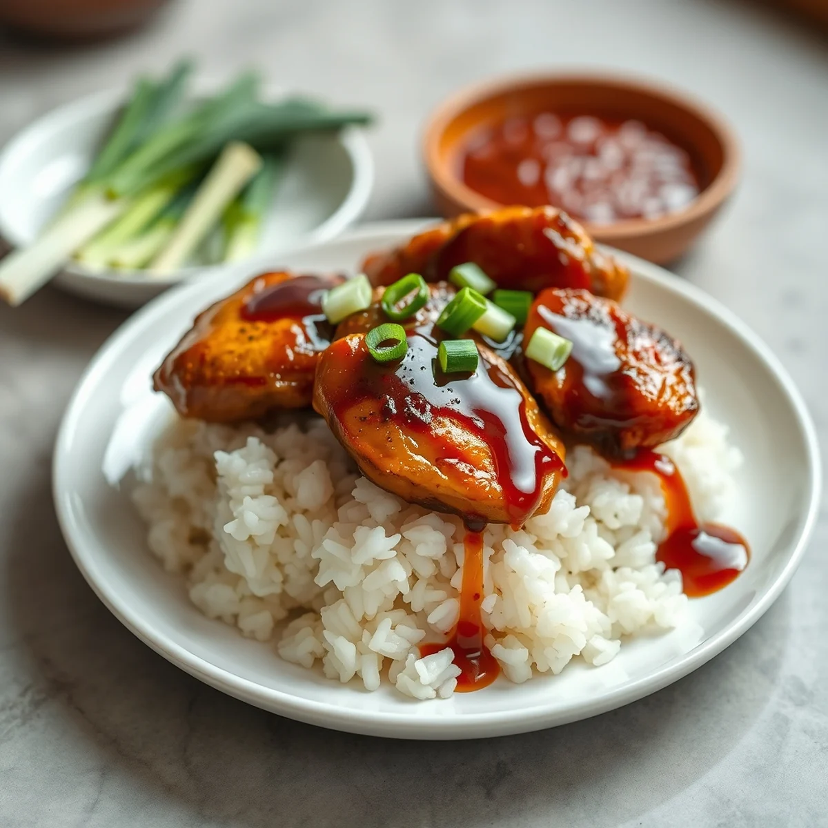Honey garlic chicken thighs served over rice Honey garlic chicken thighs served over steamed rice on a dinner plate, garnished with spring onion