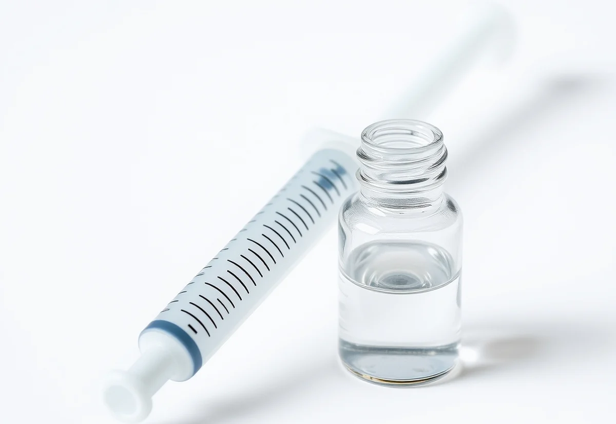 Hyaluronic acid gel is the most common lip filler substance A fine syringe and a vial of clear gel on a clean clinical surface, representing dermal filler product