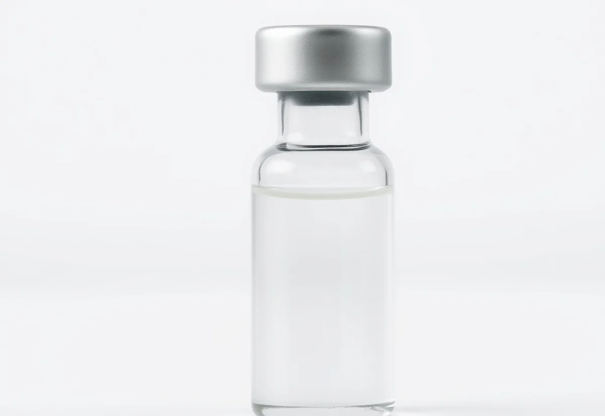 Hyaluronic acid is the dominant chin filler substance A single plain glass vial on a clean clinical surface, representing a hyaluronic acid chin filler vial