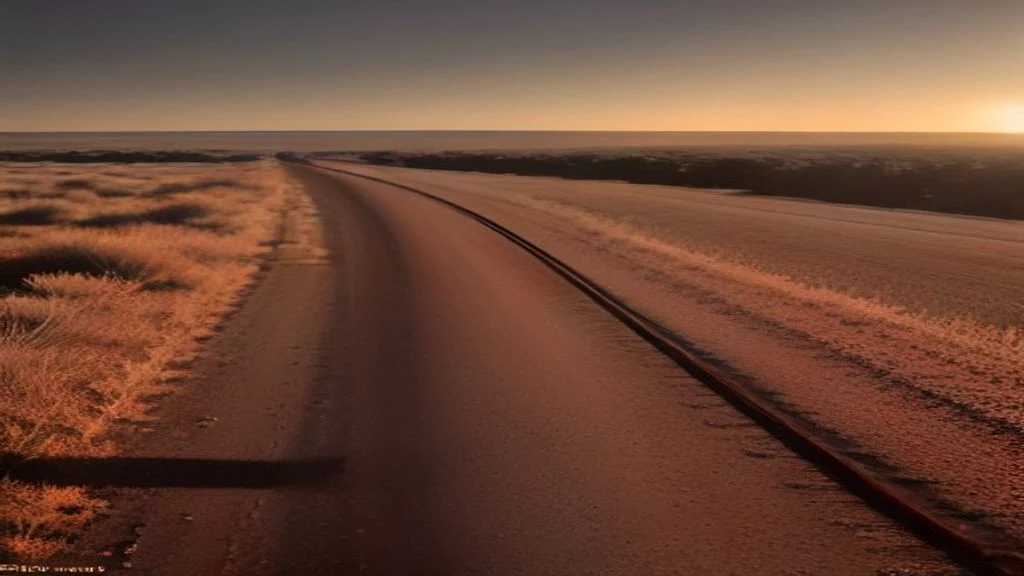 Indian Pacific train crossing the Nullarbor Plain in outback Australia with endless straight tracks through red-brown earth and sparse scrubland under late-afternoon sunlight