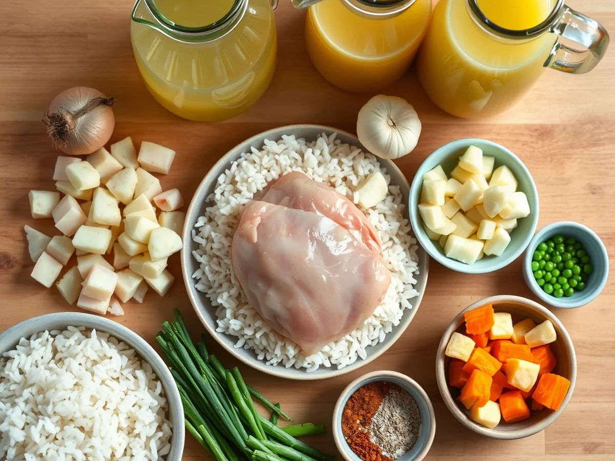 Raw ingredients for one-pot chicken and rice laid out on a wooden kitchen bench