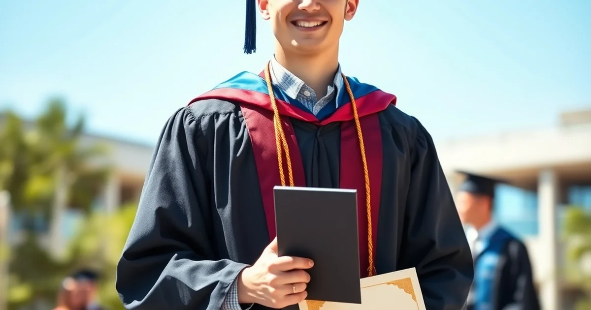A young international student in graduation gown holding a diploma on an Australian university campus