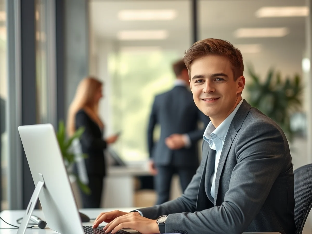 A young international graduate working at a desk in a modern Australian office