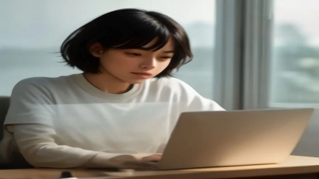 International student attending online university lecture at home desk with laptop, notebook and coffee in natural daylight